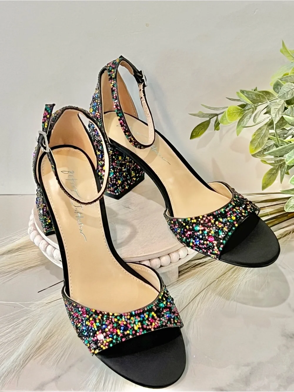 Betsey Johnson Black Multicolor Glitter Block Heel Sandals